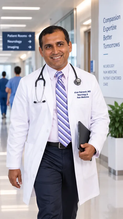Dr. Kiran Rajneesh, MD, board-certified neurologist and pain medicine specialist, in a hospital corridor in Houston, Texas