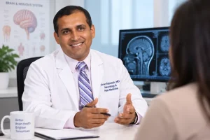 Dr. Kiran Rajneesh, MD, discussing brain imaging with a patient during a neurology consultation
