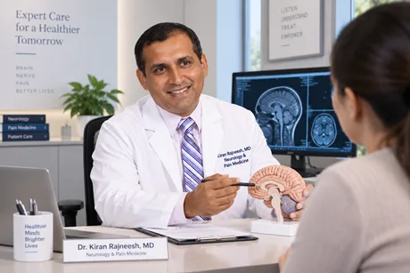 Dr. Kiran Rajneesh, MD, using an anatomical brain model to explain a pain management treatment plan to a patient